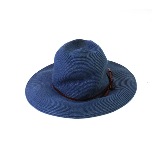 RARE EMPORIO ARMANI Straw Hat w/ Leather Strap Navy Blue Brown NWOT - Picture 5 of 7